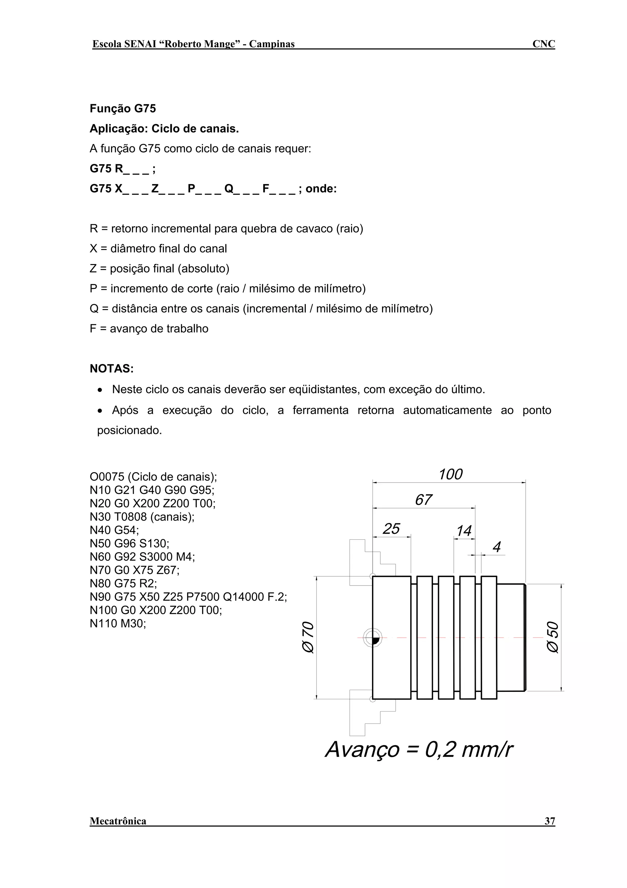 Escola SENAI “Roberto Mange” - Campinas

CNC

Função G75
Aplicação: Ciclo de canais.
A função G75 como ciclo de canais requer:
G75 R_ _ _ ;
G75 X_ _ _ Z_ _ _ P_ _ _ Q_ _ _ F_ _ _ ; onde:
R = retorno incremental para quebra de cavaco (raio)
X = diâmetro final do canal
Z = posição final (absoluto)
P = incremento de corte (raio / milésimo de milímetro)
Q = distância entre os canais (incremental / milésimo de milímetro)
F = avanço de trabalho
NOTAS:
• Neste ciclo os canais deverão ser eqüidistantes, com exceção do último.
• Após a execução do ciclo, a ferramenta retorna automaticamente ao ponto
posicionado.

O0075 (Ciclo de canais);
N10 G21 G40 G90 G95;
N20 G0 X200 Z200 T00;
N30 T0808 (canais);
N40 G54;
N50 G96 S130;
N60 G92 S3000 M4;
N70 G0 X75 Z67;
N80 G75 R2;
N90 G75 X50 Z25 P7500 Q14000 F.2;
N100 G0 X200 Z200 T00;
N110 M30;

Mecatrônica

37

 