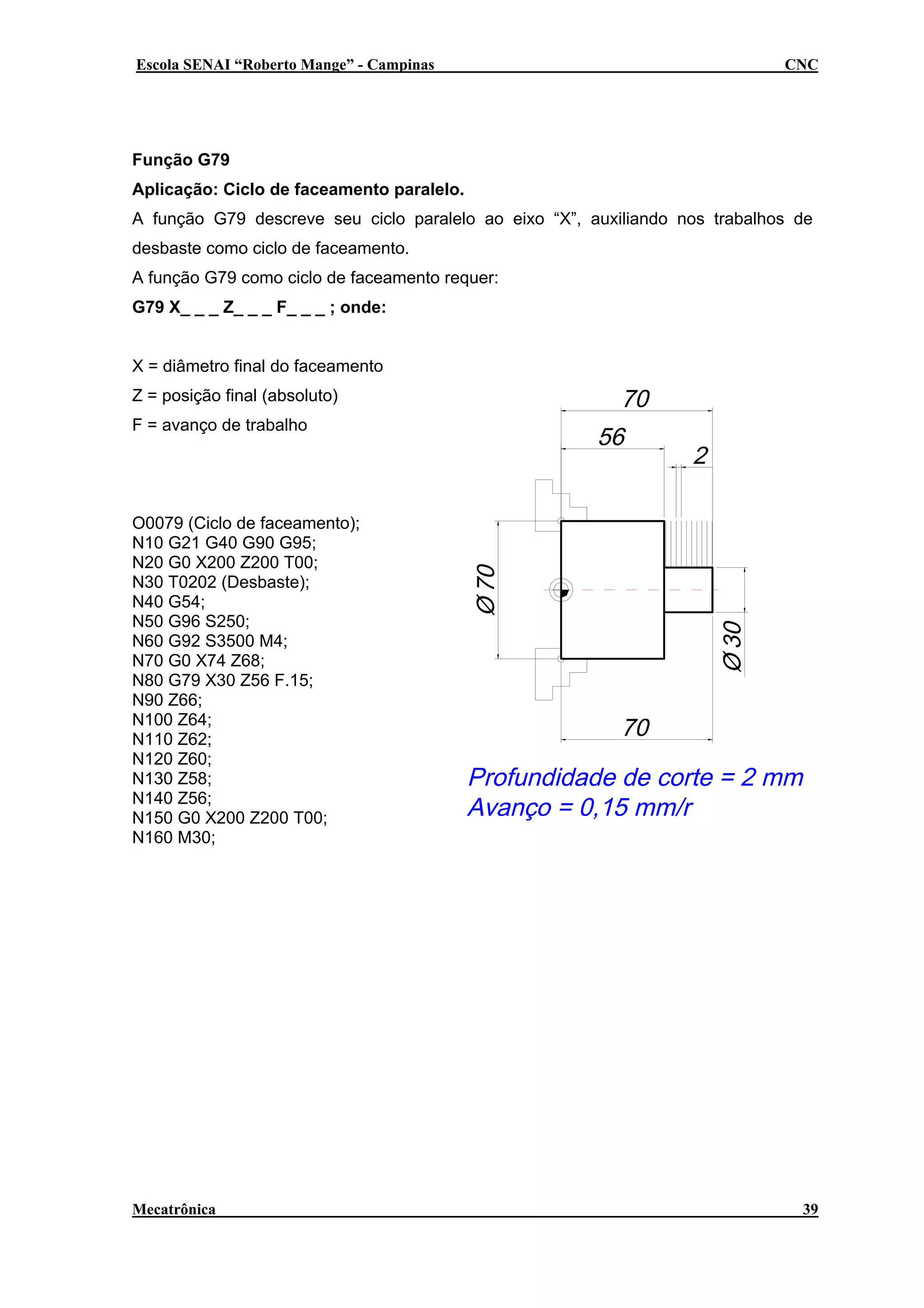Escola SENAI “Roberto Mange” - Campinas

CNC

Função G79
Aplicação: Ciclo de faceamento paralelo.
A função G79 descreve seu ciclo paralelo ao eixo “X”, auxiliando nos trabalhos de
desbaste como ciclo de faceamento.
A função G79 como ciclo de faceamento requer:
G79 X_ _ _ Z_ _ _ F_ _ _ ; onde:
X = diâmetro final do faceamento
Z = posição final (absoluto)
F = avanço de trabalho

O0079 (Ciclo de faceamento);
N10 G21 G40 G90 G95;
N20 G0 X200 Z200 T00;
N30 T0202 (Desbaste);
N40 G54;
N50 G96 S250;
N60 G92 S3500 M4;
N70 G0 X74 Z68;
N80 G79 X30 Z56 F.15;
N90 Z66;
N100 Z64;
N110 Z62;
N120 Z60;
N130 Z58;
N140 Z56;
N150 G0 X200 Z200 T00;
N160 M30;

Mecatrônica

39

 