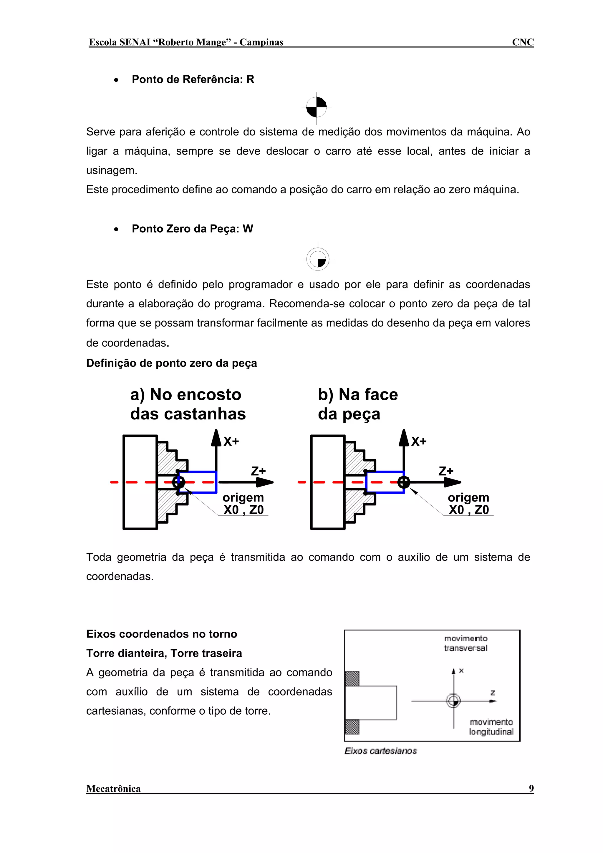 Escola SENAI “Roberto Mange” - Campinas

•

CNC

Ponto de Referência: R

Serve para aferição e controle do sistema de medição dos movimentos da máquina. Ao
ligar a máquina, sempre se deve deslocar o carro até esse local, antes de iniciar a
usinagem.
Este procedimento define ao comando a posição do carro em relação ao zero máquina.
•

Ponto Zero da Peça: W

Este ponto é definido pelo programador e usado por ele para definir as coordenadas
durante a elaboração do programa. Recomenda-se colocar o ponto zero da peça de tal
forma que se possam transformar facilmente as medidas do desenho da peça em valores
de coordenadas.
Definição de ponto zero da peça

a) No encosto
das castanhas

b) Na face
da peça

X+

X+
Z+

origem
X0 , Z0

Z+
origem
X0 , Z0

Toda geometria da peça é transmitida ao comando com o auxílio de um sistema de
coordenadas.

Eixos coordenados no torno
Torre dianteira, Torre traseira
A geometria da peça é transmitida ao comando
com auxílio de um sistema de coordenadas
cartesianas, conforme o tipo de torre.

Mecatrônica

9

 