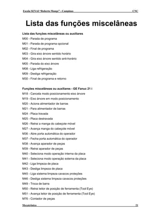 Escola SENAI “Roberto Mange” - Campinas

CNC

Lista das funções miscelâneas
Lista das funções miscelâneas ou auxiliares
M00 - Parada de programa
M01 - Parada de programa opcional
M02 - Final de programa
M03 - Gira eixo árvore sentido horário
M04 - Gira eixo árvore sentido anti-horário
M05 - Parada do eixo árvore
M08 - Liga refrigeração
M09 - Desliga refrigeração
M30 - Final de programa e retorno
Funções miscelâneas ou auxiliares - GE Fanuc 21 i
M18 - Cancela modo posicionamento eixo árvore
M19 - Eixo árvore em modo posicionamento
M20 - Aciona alimentador de barras
M21 - Para alimentador de barras
M24 - Placa travada
M25 - Placa destravada
M26 - Retrai a manga do cabeçote móvel
M27 - Avança manga do cabeçote móvel
M36 - Abre porta automática do operador
M37 - Fecha porta automática do operador
M38 - Avança aparador de peças
M39 - Retrai aparador de peças
M40 - Seleciona modo operação interna da placa
M41 - Seleciona modo operação externa da placa
M42 - Liga limpeza de placa
M43 - Desliga limpeza de placa
M45 - Liga sistema limpeza cavacos proteções
M46 - Desliga sistema limpeza cavacos proteções
M49 - Troca de barra
M50 - Retrai leitor de posição de ferramenta (Tool Eye)
M51 - Avança leitor de posição de ferramenta (Tool Eye)
M76 - Contador de peças
Mecatrônica

21

 