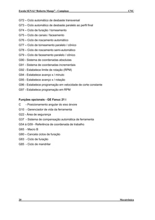 Escola SENAI “Roberto Mange” - Campinas                               CNC


G72 – Ciclo automático de desbaste transversal
G73 – Ciclo automático de desbaste paralelo ao perfil final
G74 – Ciclo de furação / torneamento
G75 – Ciclo de canais / faceamento
G76 – Ciclo de roscamento automático
G77 – Ciclo de torneamento paralelo / cônico
G78 – Ciclo de roscamento semi-automático
G79 – Ciclo de faceamento paralelo / cônico
G90 - Sistema de coordenadas absolutas
G91 - Sistema de coordenadas incrementais
G92 - Estabelece limite de rotação (RPM)
G94 - Estabelece avanço x / minuto
G95 - Estabelece avanço x / rotação
G96 - Estabelece programação em velocidade de corte constante
G97 - Estabelece programação em RPM


Funções opcionais - GE Fanuc 21 i
C    - Posicionamento angular do eixo árvore
G10 - Gerenciador de vida da ferramenta
G22 - Área de segurança
G37 - Sistema de compensação automática de ferramenta
G54 à G59 - Referência de coordenada de trabalho
G65 - Macro B
G80 – Cancela ciclos de furação
G83 - Ciclo de furação
G85 - Ciclo de mandrilar




20                                                              Mecatrônica
 