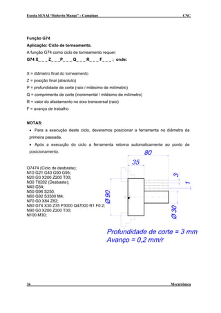 Escola SENAI “Roberto Mange” - Campinas                                     CNC




Função G74
Aplicação: Ciclo de torneamento.
A função G74 como ciclo de torneamento requer:
G74 X_ _ _ Z_ _ _P_ _ _ Q_ _ _ R_ _ _ F_ _ _ ; onde:


X = diâmetro final do torneamento
Z = posição final (absoluto)
P = profundidade de corte (raio / milésimo de milímetro)
Q = comprimento de corte (incremental / milésimo de milímetro)
R = valor do afastamento no eixo transversal (raio)
F = avanço de trabalho


NOTAS:
 • Para a execução deste ciclo, deveremos posicionar a ferramenta no diâmetro da
 primeira passada.
 • Após a execução do ciclo a ferramenta retorna automaticamente ao ponto de
 posicionamento.



O7474 (Ciclo de desbaste);
N10 G21 G40 G90 G95;
N20 G0 X200 Z200 T00;
N30 T0202 (Desbaste);
N40 G54;
N50 G96 S250;
N60 G92 S3500 M4;
N70 G0 X84 Z82;
N80 G74 X30 Z35 P3000 Q47000 R1 F0.2;
N90 G0 X200 Z200 T00;
N100 M30;




36                                                                    Mecatrônica
 