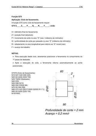 Escola SENAI “Roberto Mange” - Campinas                                           CNC




Função G75
Aplicação: Ciclo de faceamento.
A função G75 como ciclo de faceamento requer:
G75 X_ _ _ Z_ _ _ P_ _ _ Q_ _ _ R_ _ _ F_ _ _ ; onde:


X = diâmetro final do faceamento
Z = posição final (absoluto)
P = incremento de corte no eixo “X” (raio / milésimo de milímetro)
Q = profundidade de corte por passada no eixo “Z” (milésimo de milímetro)
R = afastamento no eixo longitudinal para retorno ao “X” inicial (raio)
F = avanço de trabalho


NOTAS:
 • Para execução deste ciclo, deveremos posicionar a ferramenta no comprimento do
 1º passe de desbaste.
 • Após a execução do ciclo, a ferramenta retorna automaticamente ao ponto
 posicionado.



O7575 (Ciclo de faceamento);
N10 G21 G40 G90 G95;
N20 G0 X200 Z200 T00;
N30 T0202 (Desbaste);
N40 G54;
N50 G96 S210;
N60 G92 S3500 M4;
N70 G0 X64 Z88;
N80 G75 X25 Z60 P19500 Q2000 R1 F.2;
N90 G0 X200 Z200 T00;
N100 M30;




38                                                                          Mecatrônica
 