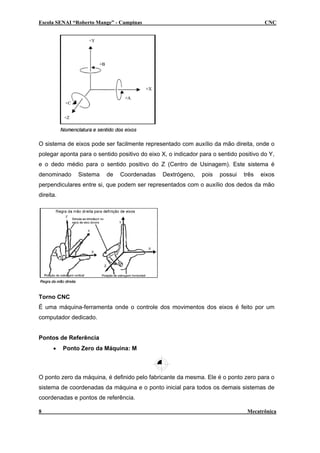 Escola SENAI “Roberto Mange” - Campinas                                                CNC




O sistema de eixos pode ser facilmente representado com auxílio da mão direita, onde o
polegar aponta para o sentido positivo do eixo X, o indicador para o sentido positivo do Y,
e o dedo médio para o sentido positivo do Z (Centro de Usinagem). Este sistema é
denominado     Sistema    de   Coordenadas     Dextrógeno,    pois   possui    três   eixos
perpendiculares entre si, que podem ser representados com o auxílio dos dedos da mão
direita.




Torno CNC
É uma máquina-ferramenta onde o controle dos movimentos dos eixos é feito por um
computador dedicado.


Pontos de Referência
      •    Ponto Zero da Máquina: M



O ponto zero da máquina, é definido pelo fabricante da mesma. Ele é o ponto zero para o
sistema de coordenadas da máquina e o ponto inicial para todos os demais sistemas de
coordenadas e pontos de referência.

8                                                                               Mecatrônica
 
