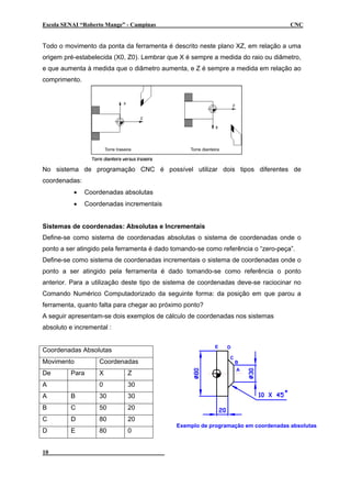 Escola SENAI “Roberto Mange” - Campinas                                            CNC


Todo o movimento da ponta da ferramenta é descrito neste plano XZ, em relação a uma
origem pré-estabelecida (X0, Z0). Lembrar que X é sempre a medida do raio ou diâmetro,
e que aumenta à medida que o diâmetro aumenta, e Z é sempre a medida em relação ao
comprimento.




No sistema de programação CNC é possível utilizar dois tipos diferentes de
coordenadas:
          •    Coordenadas absolutas
          •    Coordenadas incrementais


Sistemas de coordenadas: Absolutas e Incrementais
Define-se como sistema de coordenadas absolutas o sistema de coordenadas onde o
ponto a ser atingido pela ferramenta é dado tomando-se como referência o “zero-peça”.
Define-se como sistema de coordenadas incrementais o sistema de coordenadas onde o
ponto a ser atingido pela ferramenta é dado tomando-se como referência o ponto
anterior. Para a utilização deste tipo de sistema de coordenadas deve-se raciocinar no
Comando Numérico Computadorizado da seguinte forma: da posição em que parou a
ferramenta, quanto falta para chegar ao próximo ponto?
A seguir apresentam-se dois exemplos de cálculo de coordenadas nos sistemas
absoluto e incremental :

                                                          E   D
Coordenadas Absolutas
                                                               C
Movimento          Coordenadas                                     B
                                                                   A
De       Para      X         Z
A                  0         30
A        B         30        30
B        C         50        20
C        D         80        20
                                             Exemplo de programação em coordenadas absolutas
D        E         80        0


10                                                                          Mecatrônica
 