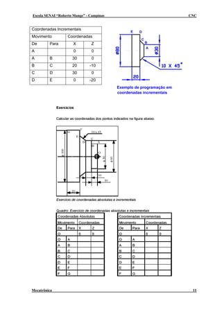 Escola SENAI “Roberto Mange” - Campinas                               CNC


Coordenadas Incrementais
                                                E   D
Movimento          Coordenadas
                                                     C
De       Para         X        Z                         B
                                                         A
A                     0         0
A        B           30         0
B        C           20        -10
C        D           30         0
D        E            0        -20
                                          Exemplo de programação em
                                          coordenadas incrementais




Mecatrônica                                                            11
 