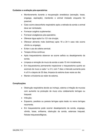 Cuidados e avaliação pós-operatórios
• Monitoramento durante a recuperação anestésica (secreção, tosse,
engasgo, aspiração), mantendo o animal intubado enquanto for
possível;
• Caso ocorra desconforto respiratório após a retirada da sonda o animal
deve ser reintubado;
• Fornecer oxigênio suplementar;
• Fornecer analgésicos pós-operatório;
• Oferecer água após 6 a 12 h da cirurgia;
• Oferecer alimento mole (bolinhas) após 18 a 24 h caso não ocorra
vômito ou engasgo;
• Evitar o uso de coleira cervical;
• Terapia clínica contínua;
• Após traqueostomia observar se ocorre asfixia ou desalojamento da
sonda;
• Limpeza e remoção de muco da sonda a cada 15 min inicialmente;
• Em traqueostomia permanente inspecionar o traqueostoma quanto ao
acúmulo de muco a cada 1 a 3 h; com 7 dias o intervalo aumenta para
4 a 6 h e depois de 30 dias, limpeza do estoma duas vezes ao dia;
• Manter a tricotomia ao redor do estoma.
Complicações
• Obstrução respiratória devido ao inchaço, edema e irritação de mucosa
com aumento na produção de muco e/ou colabamento laríngeo ou
traqueal;
• Infecção;
• Espasmo, paralisia ou paresia laríngea após lesão no nervo laríngeo
recorrente;
• Em traqueostomia pode ocorrer desalojamento da sonda, engasgo,
vômito, tosse, enfisema, obstrução da sonda, estenose traqueal,
fístulas traqueoesofágicas.
_____________________________________________________________________________________
GALERA, P.D. 101
 
