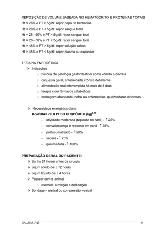 REPOSIÇÃO DE VOLUME BASEADA NO HEMATÓCRITO E PROTEÍNAS TOTAIS
Ht < 28% e PT > 5g/dl: repor papa de hemácias
Ht < 28% e PT < 5g/dl: repor sangue total
Ht = 28 - 50% e PT > 5g/dl: repor sangue total
Ht = 28 - 50% e PT < 5g/dl: repor sangue total
Ht > 45% e PT > 5g/dl: repor solução salina
Ht > 45% e PT < 5g/dl: repor plasma ou expansor
TERAPIA ENERGÉTICA
Indicações
o história de patologia gastrintestinal como vômito e diarréia
o caquexia geral, enfermidade crônica debilitante
o alimentação oral interrompida há mais de 5 dias
o terapia com fármacos catabólicos
o drenagem abundante, nefro ou enteropatias, queimaduras extensas,...
Necessidade energética diária
Kcal/DIA= 70 X PESO CORPÓREO (kg)0,75
- atividade moderada (repouso no canil) - ↑ 25%
- convalescença e repouso em canil - ↑ 35%
- politraumatizado - ↑ 50%
- sepsia - ↑ 70%
- queimadura - ↑ 100%
PREPARAÇÃO GERAL DO PACIENTE:
Banho 24 horas antes da cirurgia
Jejum sólido de ± 12 horas
Jejum líquido de ± 4 horas
Passear com o animal
o estimula a micção e defecação
Sondagem uretral ou compressão vesical
_____________________________________________________________________________________
GALERA, P.D. 91
 