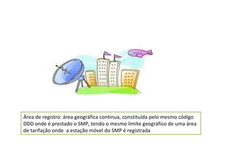 Área de registro: área geográfica continua, constituída pelo mesmo código DDD onde é prestado o SMP, tendo o mesmo limite geográfico de uma área de tarifação onde  a estação móvel do SMP é registrada 
