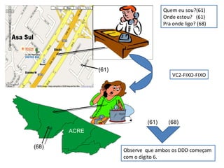 ACRE Quem eu sou?(61) Onde estou?  (61) Pra onde ligo? (68) VC2-FIXO-FIXO (68) (61) (68) (61) Observe  que ambos os DDD começam  com o digito 6. 