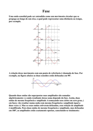 Fase
Uma onda senoidal pode ser entendida como um movimento circular que se
propaga ao longo de um eixo, o qual pode representar uma distância ou tempo,
por exemplo.




A relação desse movimento com um ponto de referência é chamada de fase. Por
exemplo, na figura abaixo as duas senoides estão defasadas em 90º.




Quando duas ondas são superpostas suas amplitudes são somadas
algebricamente e a onda resultante dessa soma depende da fase. Assim, duas
ondas de mesma frequência e amplitude A começando seus ciclos em zero grau, (
em fase), vão resultar numa onda com mesma frequência e amplitude igual a
duas vezes A. Mas se essas ondas estiverem defasadas, essa relação de amplitude
é modificada. Para duas ondas de mesma frequência e amplitude, mas defasadas
em 180º, as amplitudes estão exatamente opostas, cancelando-se totalmente:
 