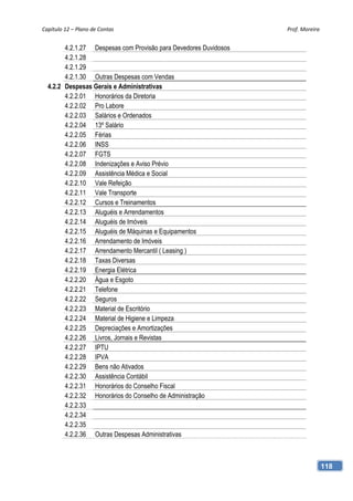 Capítulo 12 – Plano de Contas                                     Prof. Moreira 


        4.2.1.27 Despesas com Provisão para Devedores Duvidosos
        4.2.1.28
        4.2.1.29
        4.2.1.30 Outras Despesas com Vendas
  4.2.2 Despesas Gerais e Administrativas
        4.2.2.01 Honorários da Diretoria
        4.2.2.02 Pro Labore
        4.2.2.03 Salários e Ordenados
        4.2.2.04 13º Salário
        4.2.2.05 Férias
        4.2.2.06 INSS
        4.2.2.07 FGTS
        4.2.2.08 Indenizações e Aviso Prévio
        4.2.2.09 Assistência Médica e Social
        4.2.2.10 Vale Refeição
        4.2.2.11 Vale Transporte
        4.2.2.12 Cursos e Treinamentos
        4.2.2.13 Aluguéis e Arrendamentos
        4.2.2.14 Aluguéis de Imóveis
        4.2.2.15 Aluguéis de Máquinas e Equipamentos
        4.2.2.16 Arrendamento de Imóveis
        4.2.2.17 Arrendamento Mercantil ( Leasing )
        4.2.2.18 Taxas Diversas
        4.2.2.19 Energia Elétrica
        4.2.2.20 Água e Esgoto
        4.2.2.21 Telefone
        4.2.2.22 Seguros
        4.2.2.23 Material de Escritório
        4.2.2.24 Material de Higiene e Limpeza
        4.2.2.25 Depreciações e Amortizações
        4.2.2.26 Livros, Jornais e Revistas
        4.2.2.27 IPTU
        4.2.2.28 IPVA
        4.2.2.29 Bens não Ativados
        4.2.2.30 Assistência Contábil
        4.2.2.31 Honorários do Conselho Fiscal
        4.2.2.32 Honorários do Conselho de Administração
        4.2.2.33
        4.2.2.34
        4.2.2.35
        4.2.2.36 Outras Despesas Administrativas



                                                                               118
 