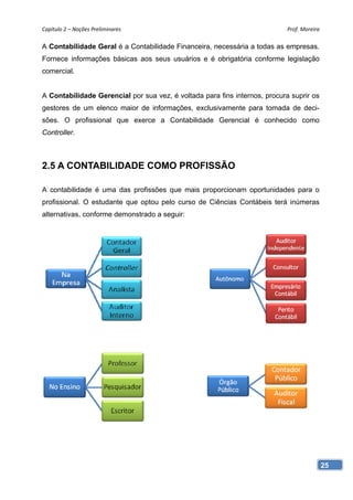 Capítulo 2 – Noções Preliminares                                            Prof. Moreira 

A Contabilidade Geral é a Contabilidade Financeira, necessária a todas as empresas.
Fornece informações básicas aos seus usuários e é obrigatória conforme legislação
comercial.


A Contabilidade Gerencial por sua vez, é voltada para fins internos, procura suprir os
gestores de um elenco maior de informações, exclusivamente para tomada de deci-
sões. O profissional que exerce a Contabilidade Gerencial é conhecido como
Controller.



2.5 A CONTABILIDADE COMO PROFISSÃO

A contabilidade é uma das profissões que mais proporcionam oportunidades para o
profissional. O estudante que optou pelo curso de Ciências Contábeis terá inúmeras
alternativas, conforme demonstrado a seguir:




                                                                                         25
 
