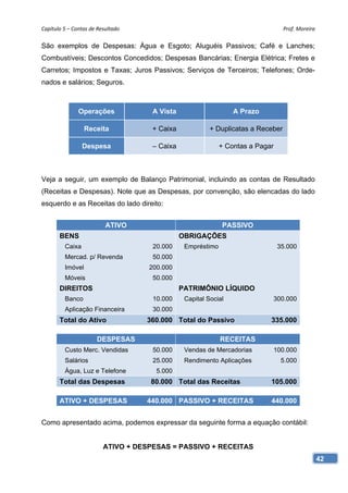 Capítulo 5 – Contas de Resultado                                                  Prof. Moreira 

São exemplos de Despesas: Água e Esgoto; Aluguéis Passivos; Café e Lanches;
Combustíveis; Descontos Concedidos; Despesas Bancárias; Energia Elétrica; Fretes e
Carretos; Impostos e Taxas; Juros Passivos; Serviços de Terceiros; Telefones; Orde-
nados e salários; Seguros.



               Operações             A Vista                     A Prazo

                  Receita            + Caixa             + Duplicatas a Receber

                 Despesa             – Caixa                 + Contas a Pagar



Veja a seguir, um exemplo de Balanço Patrimonial, incluindo as contas de Resultado
(Receitas e Despesas). Note que as Despesas, por convenção, são elencadas do lado
esquerdo e as Receitas do lado direito:


                          ATIVO                              PASSIVO
       BENS                                    OBRIGAÇÕES
         Caixa                       20.000     Empréstimo                      35.000
         Mercad. p/ Revenda          50.000
         Imóvel                     200.000
         Móveis                      50.000
       DIREITOS                                PATRIMÔNIO LÍQUIDO
         Banco                       10.000     Capital Social              300.000
         Aplicação Financeira        30.000
       Total do Ativo               360.000 Total do Passivo                335.000

                       DESPESAS                              RECEITAS
         Custo Merc. Vendidas        50.000     Vendas de Mercadorias       100.000
         Salários                    25.000     Rendimento Aplicações            5.000
         Água, Luz e Telefone         5.000
       Total das Despesas            80.000 Total das Receitas              105.000

       ATIVO + DESPESAS             440.000 PASSIVO + RECEITAS              440.000


Como apresentado acima, podemos expressar da seguinte forma a equação contábil:


                         ATIVO + DESPESAS = PASSIVO + RECEITAS
                                                                                               42
 
