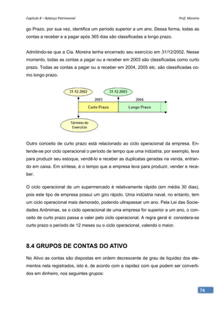 Capítulo 8 – Balanço Patrimonial                                             Prof. Moreira 

go Prazo, por sua vez, identifica um período superior a um ano. Dessa forma, todas as
contas a receber e a pagar após 365 dias são classificadas a longo prazo.


Admitindo-se que a Cia. Moreira tenha encerrado seu exercício em 31/12/2002. Nesse
momento, todas as contas a pagar ou a receber em 2003 são classificadas como curto
prazo. Todas as contas a pagar ou a receber em 2004, 2005 etc. são classificadas co-
mo longo prazo.




Outro conceito de curto prazo está relacionado ao ciclo operacional da empresa. En-
tende-se por ciclo operacional o período de tempo que uma indústria, por exemplo, leva
para produzir seu estoque, vendê-lo e receber as duplicatas geradas na venda, entran-
do em caixa. Em síntese, é o tempo que a empresa leva para produzir, vender e rece-
ber.

O ciclo operacional de um supermercado é relativamente rápido (em média 30 dias),
pois este tipo de empresa possui um giro rápido. Uma indústria naval, no entanto, tem
um ciclo operacional mais demorado, podendo ultrapassar um ano. Pela Lei das Socie-
dades Anônimas, se o ciclo operacional de uma empresa for superior a um ano, o con-
ceito de curto prazo passa a valer pelo ciclo operacional. A regra geral é: considera-se
curto prazo o período de 12 meses ou o ciclo operacional, valendo o maior.



8.4 GRUPOS DE CONTAS DO ATIVO
No Ativo as contas são dispostas em ordem decrescente de grau de liquidez dos ele-
mentos nela registrados, isto é, de acordo com a rapidez com que podem ser converti-
dos em dinheiro, nos seguintes grupos:


                                                                                           74
 