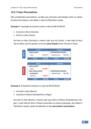 Capítulo 10 – Atos e Fatos Administrativos                                  Prof. Moreira 


10.2.1 Fatos Permutativos

São considerados permutativos, os fatos que provocam permutações entre os valores
do Ativo e/ou Passivo, sem alterar o valor do Patrimônio Líquido.


Exemplo 1: Aquisição de veículo à vista no valor de R$ 50.000,00

     Aumenta o Ativo (Veículos)
     Diminui o Ativo (Caixa)

    Se entra no Ativo (Veículos) o mesmo valor que sai (Caixa), o valor total do Ativo
    não se altera, pois há apenas uma troca (permutação) entre Veículos e Caixa.




Exemplo 2: Empréstimo bancário no valor de R$ 50.000,00

     Aumenta o Ativo (Banco)
     Aumenta o Passivo (Empréstimos a Pagar)

    Se entra no Ativo (Banco) o mesmo valor que entra no Passivo (Empréstimos a Pa-
    gar), o valor total do Ativo e Passivo aumentam na mesma proporção, sem alterar o
    Patrimônio Líquido, sendo considerado um fato permutativo aumentativo.




                                                                                         89
 
