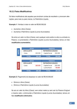Capítulo 10 – Atos e Fatos Administrativos                                  Prof. Moreira 



10.2.2 Fatos Modificativos

Os fatos modificativos são aqueles que envolvem contas de resultado e, provocam alte-
rações, para mais ou para menos, no Patrimônio Líquido.


Exemplo 1: Vendas à vista no valor de R$ 80.000,00

     Aumenta o Ativo (Caixa)
     Aumenta o Patrimônio Líquido (Lucros Acumulados)


    Se entra um valor no Ativo (Caixa), sem qualquer outra saída no ativo ou entrada no
    Passivo, e aumentando o Patrimônio Líquido (Lucros Acumulados), temos um fato
    modificativo aumentativo.




Exemplo 2: Pagamento de despesas no valor de R$ 40.000,00


     Diminui o Ativo (Caixa)
     Diminui o Patrimônio Líquido (Lucros Acumulados)


    Se sai um valor do Ativo (Caixa), sem entrar neste ou sem sair do Passivo Exigível
    o mesmo valor, e diminuindo o Patrimônio Líquido (Lucros Acumulados), temos um
    fato modificativo diminutivo.



                                                                                          91
 