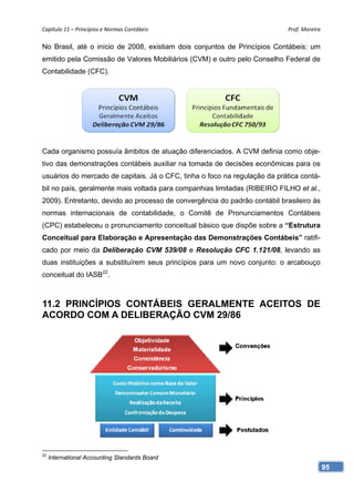 Capítulo 11 – Princípios e Normas Contábeis                                 Prof. Moreira 

No Brasil, até o início de 2008, existiam dois conjuntos de Princípios Contábeis: um
emitido pela Comissão de Valores Mobiliários (CVM) e outro pelo Conselho Federal de
Contabilidade (CFC).




Cada organismo possuía âmbitos de atuação diferenciados. A CVM definia como obje-
tivo das demonstrações contábeis auxiliar na tomada de decisões econômicas para os
usuários do mercado de capitais. Já o CFC, tinha o foco na regulação da prática contá-
bil no país, geralmente mais voltada para companhias limitadas (RIBEIRO FILHO et al.,
2009). Entretanto, devido ao processo de convergência do padrão contábil brasileiro às
normas internacionais de contabilidade, o Comitê de Pronunciamentos Contábeis
(CPC) estabeleceu o pronunciamento conceitual básico que dispõe sobre a “Estrutura
Conceitual para Elaboração e Apresentação das Demonstrações Contábeis” ratifi-
cado por meio da Deliberação CVM 539/08 e Resolução CFC 1.121/08, levando as
duas instituições a substituírem seus princípios para um novo conjunto: o arcabouço
conceitual do IASB22.



11.2 PRINCÍPIOS CONTÁBEIS GERALMENTE ACEITOS DE
ACORDO COM A DELIBERAÇÃO CVM 29/86




22
     International Accounting Standards Board
                                                                                         95
 