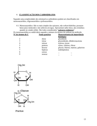 4. CLASSIFICAÇÃO DOS CARBOIDRATOS
Segundo uma complexidade são estrutural os carboidratos podem ser classificados em
monossacarídios, oligossacarídios e polissacarídios.
4.1. Monossacarídios: São os mais simples dos açúcares, não sofrem hidrólise; possuem
baixo peso molecular e são solúveis em água. Apresentam sabor doce, são cristalinos
quando no estado sólido. São todos considerados “açúcares redutores”.
Os monossacarídios se subdividem segundo o número de átomos de carbono na molécula:
N° de átomos de C
Nome genérico
Representantes de importância
fisiológica
2
diose
glicaldeido
3
triose
gliceraldeido, dihidroxiacetona
4
tetrose
eritrose, treose
5
pentose
xilose, xilulose, ribose
6
hexose
glicose, frutose, manose, galactose
7
heptose
sedoheptulose
8
octose
_
_
9
nonose
_
_

13

 