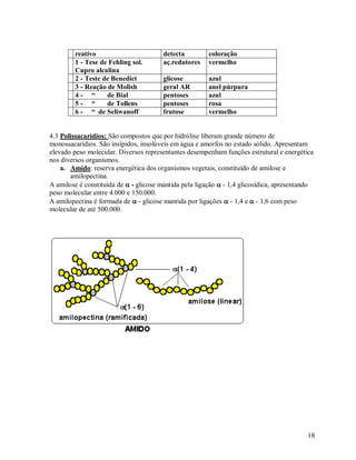 reativo
1 - Tese de Fehling sol.
Cupro alcalina
2 - Teste de Benedict
3 - Reação de Molish
4- “
de Bial
5- “
de Tollens
6 - “ de Seliwanoff

detecta
aç.redutores

coloração
vermelho

glicose
geral AR
pentoses
pentoses
frutose

azul
anel púrpura
azul
rosa
vermelho

4.3 Polissacarídios: São compostos que por hidrólise liberam grande número de
monossacarídios. São insípidos, insolúveis em água e amorfos no estado sólido. Apresentam
elevado peso molecular. Diversos representantes desempenham funções estrutural e energética
nos diversos organismos.
a. Amido: reserva energética dos organismos vegetais, constituído de amilose e
amilopectina.
A amilose é constituída de  - glicose mantida pela ligação  - 1,4 glicosídica, apresentando
peso molecular entre 4.000 e 150.000.
A amilopectina é formada de  - glicose mantida por ligações  - 1,4 e  - 1,6 com peso
molecular de até 500.000.

18

 