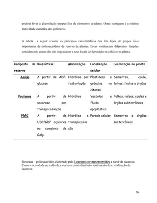 poderia levar à glicosilação inespecífica de elementos celulares. Outra vantagem é a relativa
inatividade osmótica dos polímeros.

A tabela

a seguir resume as principais características dos três tipos de grupos mais

importantes de polissacarídeos de reserva de plantas. Estas evidenciam diferentes funções
considerando como eles são degradados e seus locais de deposição na célula e na planta.

Composto

de Biossíntese

Mobilização

Localização

reserva
Amido

Localização na planta

celular
A partir de ADP- Hidrólise por Plastídeos
glucose

fosforilação

grânulos

e Sementes,

caule,

no folhas, frutos e órgãos

citossol
Frutanos

A

partir

sacarose

de Hidrólise

Vacúolos

por

fluido

transglicosilação
PRPC

A

partir

complexo

órgãos subterrâneos

apoplástico
de Hidrólise

e Parede celular Sementes

UDP/GDP açúcares transglicosila
no

e Folhas, raízes, caules e

e

órgãos

subterrâneos

de ção

Golgi

Dextrana – polissacarídios elaborado pelo Leuconostoc mesenteroides a partir de sacarose.
Causa viscosidade no caldo de cana bem como diminui o rendimento da cristalização da
sacarose.

26

 
