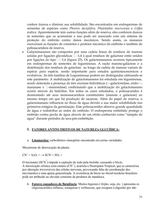 

confere dureza e diminui sua solubilidade. São encontrados em endospermas de
sementes de espécies como Phoenix dactylifera, Phytelephas macrocarpa e Coffea
arabica. Aparentemente tem outras funções além de reserva, eles conferem dureza
às sementes que os acumulam e isso pode ser associado com um sistema de
proteção do embrião contra danos mecânicos. Sendo assim, os mananos
exerceriam as funções de constritor e protetor mecânico do embrião e também de
polissacarídeos de reserva.
Galactomananos são compostos por uma cadeia linear de resíduos de manose
-1,4 à qual resíduos de galactose estão unidos
em endospermas de sementes de leguminosas. A razão manose:galactose e a
distribuição dos resíduos de galactose ao longo da cadeia de manose variam de
espécie para espécie, sendo importante para estudos quimiotaxonomicos e
evolutivos. As três famílias de Leguminosae podem ser distinguidas utilizando-se
este parâmetro. A mobilização de galactomananos foi estudada em leguminosas,
-galactosidase, endo- -manosidase) confirmando que a mobilização do galactomanano
ocorre através da hidrólise. Em todos os casos estudados, o polissacarídeo é
desmontado até seus monossacarídeos constituintes (manose e galactose) ao
mesmo tempo em que há produção de sacarose. Além do papel de reserva, o
galactomanano influencia no fluxo de água devido a sua maior solubilidade nos
primeiros estágios da germinação. Este polissacarídeo absorve grande quantidade
de água e redistribui ao redor do embrião. O endosperma embebido protege o
embrião contra perda de água através de um efeito conhecido como “tampão de
água” durante períodos de seca pós-embebição.

5. FATORES ANTINUTRITIVOS DE NATUREZA GLUCÍDICA:

a. Linamarina: carboidratos cianogênio encontrado em certas variedades
Mecanismo de detoxicação da planta:
CN + S2O3 =  SCN+ SO3 =
O tiocianato (SCN¯) impede a captação de iodo pela tireóide, causando o bócio.
A intoxicação crônica com cianeto (CN¯), acarreta a Neuropatia Tropical, que se caracteriza
por alteração irreversíveis das células nervosas, provocando falta de coordenação dos
movimentos e uma apatia generalizada. A ocorrência de bócio no litoral nordeste brasileiro
pode ser atribuído ao elevado consumo de produtos de mandioca.
b. Fatores causadores de flatulência: Muitos legumes ( feijão, soja, etc. ) apresenta os
oligossacarídios rafinose, estaquiose e verbascose, que escapam á digestão por não
31

 