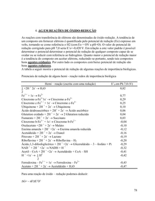 4. G EM REAÇÕES DE ÓXIDO-REDUÇÃO
As reações com transferência de elétrons são denominadas de óxido-redução. A tendência de
um composto em fornecer elétrons é quantificada pelo potencial de redução (Eo) expresso em
volts, tornando-se como referência o H2 (com Eo = OV a pH=O). O valor do potencial de
redução corrigindo para pH 7,0 seria E‟o=-0,420 V. Em relação a este valor padrão é possível
determinar o potencial determinar o potencial de redução de qualquer composto capaz de se
oxidar ou se reduzir com referência ao hidrogênio. Quanto maior o potencial de redução maior
é a tendência do composto em aceitar elétrons, reduzindo-se portanto, sendo tais compostos
bons agentes oxidantes. Por outro lado os compostos com baixo potencial de redução são
bons agentes redutores.
A tabela a seguir mostra o potencial de redução de algumas reações de importância biológicas.
Potenciais de redução de alguns hemi - reação redox de importância biológica
Hemi – reação (escrita com uma redução)
E‟0 em Ph 7,0 (V)
1 +2H 2e  H2O
0,82
2
Fe3 + + 1e  Fe2+
0,77
Citocromo a-Fe3+1e-  Citocromo a-Fe2+
0,29
3 +
2+
Citocromo c-Fe + 1e  Citocromo c-Fe
0,25
+
Ubiquinona + 2H + 2e  Ubiquinona
0,10
Ácido deidroascórbico + 2H+ + 2e-  Ácido ascórbico
0,06
+
Glutation oxidado + 2H + 2e  2 Glutation reduzido
0,04
+
Fumarato + 2H + 2e  Succinato
0,03
Citocromo b-Fe3 + + 1e- Citocromo b-Fe2 +
-0,04
+
Oxalacetato +2H + 2e  Malato
-0,10
+
Enzima amarela + 2H +2e  Enzima amarela reduzida
-0,12
Acetaldeido + 2H + + 2e-  Etanol
-0,16
+
Piruvato + 2H + 2e  Lactato
-0,19
+
Riboflavina + 2H + 2e  Riboflavina – H2
-0,20
Ácido,1,3-difosfoglicérico + 2H + +2e-  Gliceraldeido – 3 – fosfato + Pi
-0,29
+
+
+
NAD + 2H +2e  NADH + H
-0,32
+
Acetil – CoA + 2H +2e  Acetaldeido + CoA – SH
-0,41
H + +1e-  1 H2
-0,42
2
Ferredoxina – Fe3 + + 1e-  Ferredoxina – Fe2+
-0,43
Acetato + 2H + + 2e-  Acetaldeido + H2O
-0,47
+

-

Para uma reação de óxido – redução podemos deduzir:
G= - nFE‟O‟
78

 