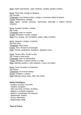 Rege: órgãos reprodutores, ovário, testículos, próstata, genitais e bexiga
Nome: Plexo Solar, Umbigo ou Manipura
Cor: Amarelo
Localização: meia distância entre o umbigo e o processo xifóide do esterno
Função: Metabolismo, digestão
Rege: fígado, vesícula, pâncreas, supra-renais, estomago e sistema nervoso
simpático
Nome: Coração, Cardíaco, Anahata
Cor: Verde
Localização: entre os mamilos
Função: Energizar e circular o sangue
Rege: timo, coração, sist. Circulatório, braços, mãos e pulmões
Nome: Garganta, Laríngeo e Vishudha
Cor: Azul Claro
Localização: Osso hióide
Função: Som, vibração e comunicação
Rege: Tireóide, paratireóide, hipotálamo, garganta e boca
Nome: Terceiro Olho, Frontal ou Ajna
Cor: Violeta ou Azul escuro
Localização: entre as sobrancelhas
Função: Revitaliza o sistema nervoso e a visão
Rege: Glândula pituitária, o olho esquerdo, o nariz e as orelhas
Nome: Coroa, Coronário ou Sahasrara
Cor: Branco
Localização: em cima da cabeça
Função: revitalizar o cérebro
Rege: Glândula pineal, córtex, SNC, olho direito
Efeitos Fisiológicos
- Equilíbrio do corpo e da mente
- Equilíbrio energético
- Alívio das dores, do stress, da fadiga
- Melhora a circulação sanguínea
- Melhorar a oxigenação dos músculos
- Relaxamento sedativo
- Diminui inflamações
- Regeneração celular
Tipos de Pedras
 