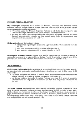 55
SUPERIOR TRIBUNAL DE JUSTIÇA
66) Composição: compõe-se de no mínimo 33 Ministros, nomeados pelo Presidente, dentre
brasileiros com mais de 35 e menos de 65 anos, de notável saber jurídico e reputação ilibada, depois
de aprovada escolha pelo Senado, sendo:
a) 1/3 dentre juízes dos Tribunais Regionais Federais e 1/3 dentre desembargadores dos
Tribunais de Justiça, indicados na lista tríplice elaborada pelo próprio Tribunal;
b) um terço, em partes iguais, dentre advogados e membros do MP federal, Estadual, do Distrito
Federal, alternadamente, indicados na lista sêxtupla pelos órgão de representação das
respectivas classes, de acordo com o art. 94.
67) Competência: está distribuída em 3 áreas:
1) competência originária para processar e julgar as questões relacionadas no inc. I, do
art. 105;
2) para julgar em recurso ordinário, as causas referidas no inc. II;
3) para julgar, em recurso especial, as causas indicadas no inc. III.
68) Conselho de Justiça Federal: funciona junto ao STJ, cabendo-lhe, na forma da lei, exercer a
supervisão administrativa e orçamentária da Justiça Federal de primeiro e segundo grau (105,
par.único); sua composição, estrutura, atribuições a funcionamento vão depender de lei.
JUSTIÇA FEDERAL
69) Tribunais Regionais Federais: compõe-se de, no mínimo 7 juízes, recrutados quando possível,
na respectiva região e nomeados pelo Presidente dentre brasileiros com mais de 30 e menos de 65
anos, sendo:
a) 1/5 dentre advogados com mais de 10 anos de efetiva atividade profissional e membros do MP
federal, com mais de 10 anos de carreira, indicados na forma do art. 94;
b) os demais mediante promoção de Juízes Federais com mais de 5 anos de exercício,
alternadamente, por antiguidade e merecimento (art. 107). Sua competência está definida no
art. 108.
70) Juízes Federais: são membros da Justiça Federal de primeira instância, ingressam no cargo
inicial da carreira (substituto) mediante concurso, com participação da OAB em todas as suas fases,
obedecendo-se, nas nomeações, a ordem de classificação (art. 93, I); compete a eles processar e
julgar, as causas em que a União for interessada, exceto as de falência, as de acidente de trabalho e
as sujeitas à justiça Eleitoral e à Justiça do Trabalho; cada Estado, como o Distrito Federal, constituirá
uma seção judiciária que terá por sede a capital (110).
 