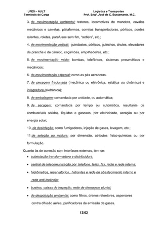 UFES – NULT Logística e Transportes
Terminais de Carga Prof. Engº. José de C. Bustamante, M.C.
13/62
3. de movimentação horizontal: tratores, locomotivas de manobra, cavalos
mecânicos e carretas, plataformas, correias transportadoras, pórticos, pontes
rolantes, roletes, parafusos sem fim, “redlers”, etc.;
4. de movimentação vertical: guindastes, pórticos, guinchos, chutes, elevadores
de prancha e de caneco, caçambas, empilhadeiras, etc.;
5. de movimentação mista: bombas, teleféricos, sistemas pneumáticos e
mecânicos;
6. de movimentação especial: como as pás aeradoras.
7. de pesagem fracionada (mecânica ou eletrônica, estática ou dinâmica) e
integradora (eletrônica);
8. de embalagem: comandada por unidade, ou automática;
9. de secagem: comandada por tempo ou automática, resultante de
combustíveis sólidos, líquidos e gasosos, por eletricidade, aeração ou por
energia solar;
10. de desinfeção: como fumigadores, injeção de gases, lavagem, etc.;
11.de seleção ou mistura: por dimensão, atributos físico-químicos ou por
formulação.
Quanto às de conexão com interfaces externas, tem-se:
• subestação transformadora e distribuidora;
• central de telecomunicação por telefone, telex, fax, rádio e rede interna;
• hidrômetros, reservatórios,, hidrantes e rede de abastecimento interno e
rede anti-incêndio;
• bueiros, caixas de inspeção, rede de drenagem pluvial;
• de despoluição ambiental: como filtros, drenos retentores, aspersores
contra difusão aérea, purificadores de emissão de gases.
 
