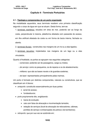 UFES – NULT Logística e Transportes
Terminais de Carga Prof. Engº. José de C. Bustamante, M.C.
18/62
Capítulo 4 - Terminais Portuários
4.1 - Tipologia e componentes de um porto organizado
Na modalidade aquaviária, seus terminais recebem uma primeira classificação
segundo o corpo de água em que se situam. Desta forma, tem-se:
1. terminais marítimos: situados em área de mar, podendo ser ao longo da
costa, perpendicular à mesma, plataforma afastada com passarela de acesso,
em ilha artificial afastada da costa ou em forma de bacia interna, fechada ou
aberta;
2. terminais fluviais: construídos nas margens de um rio ou a elas ligados;
3. terminais lacustres: implantados nas margens de um lago ou a elas
vinculados.
Quanto à finalidade, os portos se agrupam nas seguintes categorias:
- comerciais: podendo ser de passageiros, carga ou mistos;
- de serviço: como os pesqueiros, os de reparos e os de abastecimento;
- militares: que são as bases navais e de guardas-costeiras;
- de lazer: representados principalmente pelas marinas.
Um porto é formado por distintos componentes, naturais ou construtivos, que se
classificam em 4 blocos:
• anteporto: constituído essencialmente por duas partes:
• canal de acesso;
• fundeadouros;
• porto propriamente dito, englobando:
• bacia de evolução;
• cais com faixa de atracação e movimentação terrestre;
• estação de serviços (local de atracação de rebocadores, cábreas,
pontões de serviço e embarcações de polícia e de bombeiros);
• retroporto: que por sua vez se subdivide em:
 