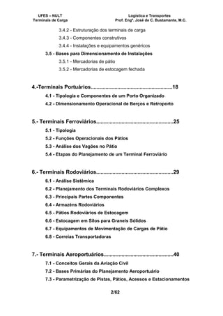UFES – NULT Logística e Transportes
Terminais de Carga Prof. Engº. José de C. Bustamante, M.C.
2/62
3.4.2 - Estruturação dos terminais de carga
3.4.3 - Componentes construtivos
3.4.4 - Instalações e equipamentos genéricos
3.5 - Bases para Dimensionamento de Instalações
3.5.1 - Mercadorias de pátio
3.5.2 - Mercadorias de estocagem fechada
4.-Terminais Portuários.......................................................18
4.1 - Tipologia e Componentes de um Porto Organizado
4.2 - Dimensionamento Operacional de Berços e Retroporto
5.- Terminais Ferroviários....................................................25
5.1 - Tipologia
5.2 - Funções Operacionais dos Pátios
5.3 - Análise dos Vagões no Pátio
5.4 - Etapas do Planejamento de um Terminal Ferroviário
6.- Terminais Rodoviários....................................................29
6.1 - Análise Sistêmica
6.2 - Planejamento dos Terminais Rodoviários Complexos
6.3 - Principais Partes Componentes
6.4 - Armazéns Rodoviários
6.5 - Pátios Rodoviários de Estocagem
6.6 - Estocagem em Silos para Graneis Sólidos
6.7 - Equipamentos de Movimentação de Cargas de Pátio
6.8 - Correias Transportadoras
7.- Terminais Aeroportuários...............................................40
7.1 - Conceitos Gerais da Aviação Civil
7.2 - Bases Primárias do Planejamento Aeroportuário
7.3 - Parametrização de Pistas, Pátios, Acessos e Estacionamentos
 