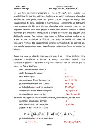 UFES – NULT Logística e Transportes
Terminais de Carga Prof. Engº. José de C. Bustamante, M.C.
23/62
em que tem significativa proporção os navios "tramps", como sucede nos
exportadores de granéis agrícolas, tendem a ter como modelagem chegadas
aletórias de corte poissoniano, em quanto que os tempos de serviço dos
equipamentos de carga, descarga e movimentação normalmente se distribuem
como exponenciais. Os terminais com chegadas mais regulares, como os de
empresas privadas com frota própria e rotas bem definidas tendem a serem
expressos por chegadas erlanguianas e tempos de serviço que seguem uma
distribuição normal. Em qualquer dos casos, as falhas técnicas tendem a se
ajustar a uma distribuição de Weibull, com maior freqüência nas fases de
"infância" e "velhice" dos equipamentos, e menor na "maturidade" de sua vida útil,
pela escolha adequada de seus três parâmetros variáveis: de forma, de escala, de
posição..
Assim que para a situação mais comum, que é de 1 berço genérico, com
chegadas poissonianas e tempos de serviço distribuidos segundo uma
exponencial, podem ser aplicadas as seguintes variáveis, com as fórmulas que as
regem em Teoria das Filas:
razào de chegada dos veículos: λλλλ
razão de serviço de postos: µµµµ
fator de utilização: ρρρρ = λλλλ / µµµµ
conversor para Erlang de ordem k : αααα = (1+k) / 2k
probabilidade de estar livre o posto: P0 = 1 - ρρρρ
probabilidade de n usuários no sistema: Pn = P0 .ρρρρn
comprimento médio da fila de espera: Lq = ρρρρ² / (1-ρρρρ)
tempo médio de espera na fila: Wq = λλλλ / µµµµ(µµµµ - λλλλ)
Se houver vários postos de atendimento ou estações de serviço, tem-se mais:
número de estações de serviço: s
fator de utilização das s estações: ρρρρ = λλλλ / sµµµµ
probabilidade de nenhum usuário:
probabilidade de n usuários no sistema:
se 0 <= n <= s Pn = [(λλλλ / µµµµ)
n
/n!] P0
( ) ( ) ( )





+= −∑
−
=
)//1/(1!//)!/( //1
1
0
ssn
sns
n
µλµλµλ0P
 