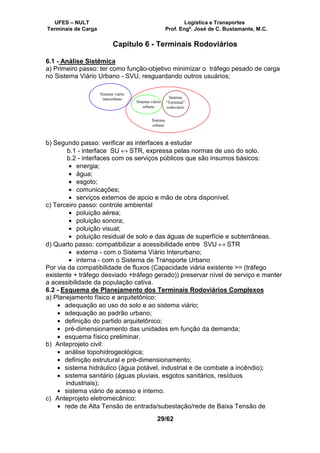 UFES – NULT Logística e Transportes
Terminais de Carga Prof. Engº. José de C. Bustamante, M.C.
29/62
Capítulo 6 - Terminais Rodoviários
6.1 - Análise Sistêmica
a) Primeiro passo: ter como função-objetivo minimizar o tráfego pesado de carga
no Sistema Viário Urbano - SVU, resguardando outros usuários;
b) Segundo passo: verificar as interfaces a estudar
b.1 - interface SU ↔ STR, expressa pelas normas de uso do solo.
b.2 - interfaces com os serviços públicos que são insumos básicos:
• energia;
• água;
• esgoto;
• comunicações;
• serviços externos de apoio e mão de obra disponível.
c) Terceiro passo: controle ambiental
• poluição aérea;
• poluição sonora;
• poluição visual;
• poluição residual de solo e das águas de superfície e subterrâneas.
d) Quarto passo: compatibilizar a acessibilidade entre SVU ↔ STR
• externa - com o Sistema Viário Interurbano;
• interna - com o Sistema de Transporte Urbano
Por via da compatibilidade de fluxos (Capacidade viária existente >= (tráfego
existente + tráfego desviado +tráfego gerado)) preservar nível de serviço e manter
a acessibilidade da população cativa.
6.2 - Esquema de Planejamento dos Terminais Rodoviários Complexos
a) Planejamento físico e arquitetônico:
• adequação ao uso do solo e ao sistema viário;
• adequação ao padrão urbano;
• definição do partido arquitetônico;
• pré-dimensionamento das unidades em função da demanda;
• esquema físico preliminar.
b) Anteprojeto civil:
• análise topohidrogeológica;
• definição estrutural e pré-dimensionamento;
• sistema hidráulico (água potável, industrial e de combate a incêndio);
• sistema sanitário (águas pluviais, esgotos sanitários, resíduos
industriais);
• sistema viário de acesso e interno.
c) Anteprojeto eletromecânico:
• rede de Alta Tensão de entrada/subestação/rede de Baixa Tensão de
Sistema
urbano
Sistema viário
interurbano
Sistema viário
urbano
Sistema
“Terminal”
rodoviário
 