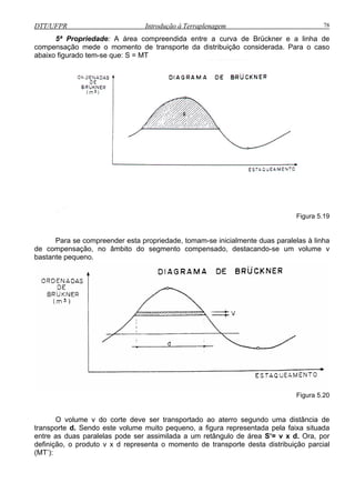 DTT/UFPR Introdução à Terraplenagem 78
5ª Propriedade: A área compreendida entre a curva de Brückner e a linha de
compensação mede o momento de transporte da distribuição considerada. Para o caso
abaixo figurado tem-se que: S = MT
Figura 5.19
Para se compreender esta propriedade, tomam-se inicialmente duas paralelas à linha
de compensação, no âmbito do segmento compensado, destacando-se um volume v
bastante pequeno.
Figura 5.20
O volume v do corte deve ser transportado ao aterro segundo uma distância de
transporte d. Sendo este volume muito pequeno, a figura representada pela faixa situada
entre as duas paralelas pode ser assimilada a um retângulo de área S’= v x d. Ora, por
definição, o produto v x d representa o momento de transporte desta distribuição parcial
(MT’):
 