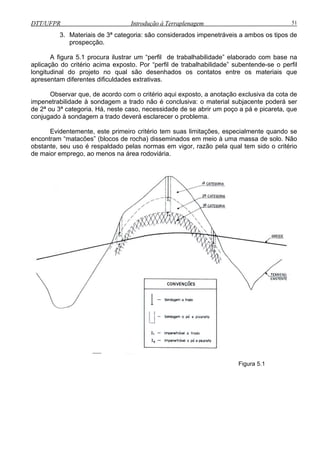 DTT/UFPR Introdução à Terraplenagem 51
3. Materiais de 3ª categoria: são considerados impenetráveis a ambos os tipos de
procura ilustrar um “perfil de trabalhabilidade” elaborado com base na
apli io acima exposto. Por “perfil de trabalhabilidade” subentende-se o perfil
longitudinal do projeto no qual são desenhados os contatos entre os materiais que
ativas.
disseminados em meio à uma massa de solo. Não
obstante, seu uso é respaldado pelas normas em vigor, razão pela qual tem sido o critério
de ma
prospecção.
A figura 5.1
cação do critér
apresentam diferentes dificuldades extr
Observar que, de acordo com o critério aqui exposto, a anotação exclusiva da cota de
impenetrabilidade à sondagem a trado não é conclusiva: o material subjacente poderá ser
de 2ª ou 3ª categoria. Há, neste caso, necessidade de se abrir um poço a pá e picareta, que
conjugado à sondagem a trado deverá esclarecer o problema.
Evidentemente, este primeiro critério tem suas limitações, especialmente quando se
encontram “matacões” (blocos de rocha)
ior emprego, ao menos na área rodoviária.
Figura 5.1
 
