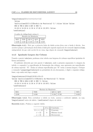 CAP. 4 •    CLASSES DE DOCUMENTOS. LAYOUT                                         33



begin{tabular}{|c||c|||c||c|||c}
   hline
   multicolumn{5}{|c|}{Hor´rio da Monitoria}   hline hline hline
                           a
   SEG & TER & QUA & QUI & SEX 
   12:00 & 14:00 & 11:30 & 17:30 & 18:00 hline
  end{tabular}

   A sa´ do c´digo-fonte acima ´:
       ıda   o                 e
           Hor´rio da Monitoria
               a
    SEG     TER      QUA     QUI      SEX
    12:00   14:00    11:30   17:30    18:00

Observa¸ao 4.4.1. Note que a primeira linha da tabela acima ﬁcou com a borda a direita. Isso
         c˜                                                                       `
acontece porque a formata¸ao desta linha ´ dada pelo segundo argumento do comando multicolumn,
                          c˜             a
independente do que est´ escrito l´ em cima, logo depois do comando begin{tabular}.
                        a         a

4.4.3   Igualando Largura das Colunas
Usando o pacote tabularx, podemos criar tabela com larguras de colunas espec´
                                                                            ıﬁcas igualadas de
forma autom´tica.
              a
    O ambiente oferecido por este pacote ´ tabularx, onde o primeiro argumento ´ a largura da
                                         e                                      e
tabela e o segundo ´ a especiﬁca¸˜o de formata¸˜o das colunas, mas apresenta um especiﬁcador
                    e            ca            ca
de coluna especial: “X”. Todas as colunas especiﬁcadas por “X” ter˜o a mesma largura. Coloque
                                                                  a
o comando usepackage{tabularx} no preˆmbulo do seu documento, e digite o seguinte c´digo-
                                           a                                            o
fonte, cuja sa´ est´ logo a seguir:
              ıda   a

begin{tabularx}{15cm}{|X|X|c|X|c|}
hline multicolumn{5}{|c|}{Hor´rio da Monitoria}  hline
                               a
   SEG & TER & QUA & QUI & SEX  hline
   12:00 & 14:00 & 11:30 & 17:30 & 18:00 hline
  end{tabularx}

                                     Hor´rio da Monitoria
                                        a
    SEG                      TER                    QUA        QUI                SEX
    12:00                    14:00                  11:30      17:30              18:00

Observa¸ao 4.4.2. Para centralizar a tabela no texto, usamos o ambiente center, ou seja,
        c˜
begin{center} antes da tabela e end{center} depois da tabela.

Exerc´
     ıcio 4.4.1. Produza a seguinte tabela:

                                              f ′ (x)   Conclus˜o
                                                               a
                              0 < x < 12         +      Crescente
                                x = 12            0     M´ximo Local
                                                         a
                                x > 12            -     Decrescente
 