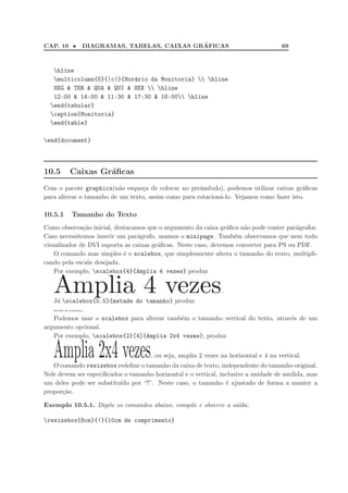 CAP. 10 •                                 ´
             DIAGRAMAS, TABELAS, CAIXAS GRAFICAS                                     69



   hline
   multicolumn{5}{|c|}{Hor´rio da Monitoria}  hline
                           a
   SEG  TER  QUA  QUI  SEX  hline
   12:00  14:00  11:30  17:30  18:00 hline
  end{tabular}
  caption{Monitoria}
  end{table}

end{document}




10.5     Caixas Gr´ﬁcas
                  a
Com o pacote graphicx(n˜o esque¸a de colocar no preˆmbulo), podemos utilizar caixas gr´ﬁcas
                          a      c                   a                                   a
para alterar o tamanho de um texto, assim como para rotacion´-lo. Vejamos como fazer isto.
                                                            a

10.5.1   Tamanho do Texto
Como observa¸˜o inicial, destacamos que o argumento da caixa gr´ﬁca n˜o pode conter par´grafos.
              ca                                                a     a                a
Caso necessitemos inserir um par´grafo, usamos o minipage. Tamb´m observamos que nem todo
                                 a                                e
visualizador de DVI suporta as caixas gr´ﬁcas. Neste caso, devemos converter para PS ou PDF.
                                        a
    O comando mas simples ´ o scalebox, que simplesmente altera o tamanho do texto, multipli-
                            e
cando pela escala desejada.
    Por exemplo, scalebox{4}{Amplia 4 vezes} produz


   Amplia 4 vezes
   J´ scalebox{0.5}{metade do tamanho} produz
    a
                                                               .

   metade do tamanho.

   Podemos usar o scalebox para alterar tamb´m o tamanho vertical do texto, atrav´s de um
                                            e                                    e
argumento opcional.
   Por exemplo, scalebox{2}[4]{Amplia 2x4 vezes}, produz


   Amplia 2x4 vezes                  , ou seja, amplia 2 vezes na horizontal e 4 na vertical.
   O comando resizebox redeﬁne o tamanho da caixa de texto, independente do tamanho original.
Nele devem ser especiﬁcados o tamanho horizontal e o vertical, inclusive a unidade de medida, mas
um deles pode ser substitu´ por “!”. Neste caso, o tamanho ´ ajustado de forma a manter a
                          ıdo                                    e
propor¸˜o.
      ca

Exemplo 10.5.1. Digite os comandos abaixo, compile e observe a sa´da:
                                                                 ı

resizebox{8cm}{!}{10cm de comprimento}
 
