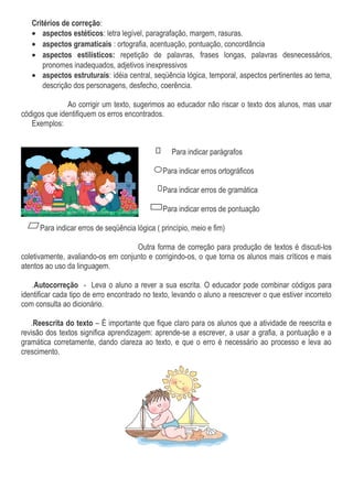 Critérios de correção:
• aspectos estéticos: letra legível, paragrafação, margem, rasuras.
• aspectos gramaticais : ortografia, acentuação, pontuação, concordância
• aspectos estilísticos: repetição de palavras, frases longas, palavras desnecessários,
pronomes inadequados, adjetivos inexpressivos
• aspectos estruturais: idéia central, seqüência lógica, temporal, aspectos pertinentes ao tema,
descrição dos personagens, desfecho, coerência.
Ao corrigir um texto, sugerimos ao educador não riscar o texto dos alunos, mas usar
códigos que identifiquem os erros encontrados.
Exemplos:
Para indicar parágrafos
Para indicar erros ortográficos
Para indicar erros de gramática
Para indicar erros de pontuação
Para indicar erros de seqüência lógica ( princípio, meio e fim)
Outra forma de correção para produção de textos é discuti-los
coletivamente, avaliando-os em conjunto e corrigindo-os, o que torna os alunos mais críticos e mais
atentos ao uso da linguagem.
.Autocorreção - Leva o aluno a rever a sua escrita. O educador pode combinar códigos para
identificar cada tipo de erro encontrado no texto, levando o aluno a reescrever o que estiver incorreto
com consulta ao dicionário.
.Reescrita do texto – É importante que fique claro para os alunos que a atividade de reescrita e
revisão dos textos significa aprendizagem: aprende-se a escrever, a usar a grafia, a pontuação e a
gramática corretamente, dando clareza ao texto, e que o erro é necessário ao processo e leva ao
crescimento.
 