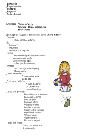 _ Entrevistas
_ Requerimentos
_ Relatórios
_ Biografias
_ Texto e Internet
BIOGRAFIA: Oficina de Textos
Volume 2 – Regina Villaça Lima
Editora Fonte
Observações: ( Sugestões do livro citado acima: Oficina de textos)
_Cartazes:
Como trabalhar cartazes.
_Eu:
Eu mesmo
Meu diário
Coisas de que eu gosto
_Família:
Descrevendo alguma pessoa da família
Mensagem para a mãe
Mensagem para o pai
Lembranças de meus avós
_Amizade:
Meu (minha) melhor amigo(a)
Retrato escrito
_Textos lacunados:
Completando o texto
Dia de jogo
_Continuando a história:
A união das cores
Dia de pescaria
Um robô bem legal
_Textos com gravuras:
Divertindo com os desenhos
Seqüência de cenas
Noite de terror
O jogo de futebol
O castelo de areia
De olho na gravura
Preservando a natureza
O pedido de socorro!
Vida na cidade
Vida no campo
Um feriado na praia
_Textos com roteiro:
Criando um super-herói
O colecionador
 