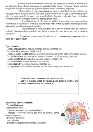 Escrever é uma habilidade que se adquire com o exercício e o tempo, e torna-se fruto
das atividades desenvolvidas pela criança em sua vida social e escolar. Forma sua maneira individual
de perceber e construir o mundo em que vive, expondo idéias, sentimentos e opiniões.
O aluno já traz consigo a capacidade de narrar e contar histórias com facilidade e a
produção de texto tem como objetivo possibilitar o aprimoramento de sua escrita, levando seus textos
a ter coerência e coesão de acordo com a sua finalidade. Por isso, o educador deve incentivá-lo a
atividades orais que favoreçam a iniciação de produção de textos.
A atividade da escrita não é um ato solitário; é necessário criar um ambiente de
descontração e naturalidade: deixar que o aluno utilize livros, jornais ou recorra aos colegas e/ou ao
educador(a), para identificar possíveis falhas.
O educador tem o papel importante de esclarecer critérios claros de correção e
avaliação, levando o aluno a verificar suas falhas e a reescrita, para tornar seus textos coesos e
adequados.
É importante também que o educador reforce o como escrever, o que escrever, a
quem e por que escrever.
Tipos de textos:
. Textos narrativos: contos, fábulas, histórias, crônicas, relatórios, etc.
. Textos literários: literatura infantil e juvenil.
. Textos poéticos e lúdicos: poemas, quadrinhas, parlendas, adivinhas, letras de músicas e cantigas.
. Textos informativos: textos de jornais e revistas, matérias científicas, mapas, placas, etc.
. Textos publicitários: propagandas, anúncios, cartazes, outdoors, etc.
. Textos instrutivos: receitas, folhetos, bulas, manuais.
. Textos dissertativos: críticas, resenhas, legendas, etc.
. Textos práticos: cartas, bilhetes, convites, cartões, avisos, telegramas, e-mails, etc.
“ Atividades orais favorecem a iniciação da escrita.
Escrever e redigir textos deve proporcionar prazer e tornar-se um
ato de desafio estimulante para a criança.”
Objetivos da expressão escrita:
. Ter habilidade para:
_ codificar mensagens
_ organizar mensagens com seqüência lógica
_ empregar convenções sociais por meio de bilhetes, cartas,
cartões, telegramas.
_ preencher formulários
_ usar dicionário
_ organizar idéias para manifestar seu pensamento
 