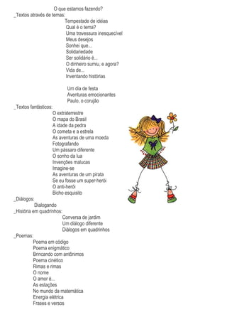 O que estamos fazendo?
_Textos através de temas:
                         Tempestade de idéias
                          Qual é o tema?
                          Uma travessura inesquecível
                          Meus desejos
                          Sonhei que...
                          Solidariedade
                          Ser solidário é...
                          O dinheiro sumiu, e agora?
                          Vida de...
                          Inventando histórias

                             Um dia de festa
                             Aventuras emocionantes
                             Paulo, o corujão
_Textos fantásticos:
                       O extraterrestre
                       O mapa do Brasil
                       A idade da pedra
                       O cometa e a estrela
                       As aventuras de uma moeda
                       Fotografando
                       Um pássaro diferente
                       O sonho da lua
                       Invenções malucas
                       Imagine-se
                       As aventuras de um pirata
                       Se eu fosse um super-herói
                       O anti-herói
                       Bicho esquisito
_Diálogos:
           Dialogando
_História em quadrinhos:
                           Conversa de jardim
                           Um diálogo diferente
                           Diálogos em quadrinhos
_Poemas:
        Poema em código
        Poema enigmático
        Brincando com antônimos
        Poema cinético
        Rimas e rimas
        O nome
        O amor é...
        As estações
        No mundo da matemática
        Energia elétrica
        Frases e versos
 