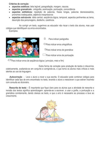 Critérios de correção:
   • aspectos estéticos: letra legível, paragrafação, margem, rasuras.
   • aspectos gramaticais : ortografia, acentuação, pontuação, concordância
   • aspectos estilísticos: repetição de palavras, frases longas, palavras desnecessários,
       pronomes inadequados, adjetivos inexpressivos
   • aspectos estruturais: idéia central, seqüência lógica, temporal, aspectos pertinentes ao tema,
       descrição dos personagens, desfecho, coerência.

               Ao corrigir um texto, sugerimos ao educador não riscar o texto dos alunos, mas usar
códigos que identifiquem os erros encontrados.
   Exemplos:


                                                  Para indicar parágrafos

                                               Para indicar erros ortográficos

                                               Para indicar erros de gramática

                                               Para indicar erros de pontuação

      Para indicar erros de seqüência lógica ( princípio, meio e fim)

                                    Outra forma de correção para produção de textos é discuti-los
coletivamente, avaliando-os em conjunto e corrigindo-os, o que torna os alunos mais críticos e mais
atentos ao uso da linguagem.

   .Autocorreção - Leva o aluno a rever a sua escrita. O educador pode combinar códigos para
identificar cada tipo de erro encontrado no texto, levando o aluno a reescrever o que estiver incorreto
com consulta ao dicionário.

   .Reescrita do texto – É importante que fique claro para os alunos que a atividade de reescrita e
revisão dos textos significa aprendizagem: aprende-se a escrever, a usar a grafia, a pontuação e a
gramática corretamente, dando clareza ao texto, e que o erro é necessário ao processo e leva ao
crescimento.
 
