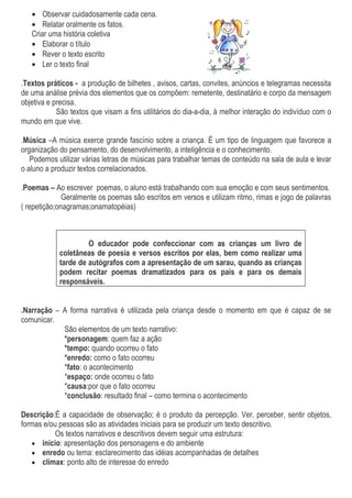 • Observar cuidadosamente cada cena.
   • Relatar oralmente os fatos.
   Criar uma história coletiva
   • Elaborar o título
   • Rever o texto escrito
   • Ler o texto final

.Textos práticos - a produção de bilhetes , avisos, cartas, convites, anúncios e telegramas necessita
de uma análise prévia dos elementos que os compõem: remetente, destinatário e corpo da mensagem
objetiva e precisa.
            São textos que visam a fins utilitários do dia-a-dia, à melhor interação do indivíduo com o
mundo em que vive.

.Música –A música exerce grande fascínio sobre a criança. É um tipo de linguagem que favorece a
organização do pensamento, do desenvolvimento, a inteligência e o conhecimento.
   Podemos utilizar várias letras de músicas para trabalhar temas de conteúdo na sala de aula e levar
o aluno a produzir textos correlacionados.

.Poemas – Ao escrever poemas, o aluno está trabalhando com sua emoção e com seus sentimentos.
              Geralmente os poemas são escritos em versos e utilizam ritmo, rimas e jogo de palavras
( repetição;onagramas;onamatopéias)



                     O educador pode confeccionar com as crianças um livro de
            coletâneas de poesia e versos escritos por elas, bem como realizar uma
            tarde de autógrafos com a apresentação de um sarau, quando as crianças
            podem recitar poemas dramatizados para os pais e para os demais
            responsáveis.


.Narração – A forma narrativa é utilizada pela criança desde o momento em que é capaz de se
comunicar.
            São elementos de um texto narrativo:
            *personagem: quem faz a ação
            *tempo: quando ocorreu o fato
            *enredo: como o fato ocorreu
            *fato: o acontecimento
            *espaço: onde ocorreu o fato
            *causa:por que o fato ocorreu
            *conclusão: resultado final – como termina o acontecimento

Descrição:É a capacidade de observação; é o produto da percepção. Ver, perceber, sentir objetos,
formas e/ou pessoas são as atividades iniciais para se produzir um texto descritivo.
           Os textos narrativos e descritivos devem seguir uma estrutura:
   • início: apresentação dos personagens e do ambiente
   • enredo ou tema: esclarecimento das idéias acompanhadas de detalhes
   • clímax: ponto alto de interesse do enredo
 