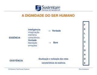 A DIGNIDADE DO SER HUMANO

                                                                    F

                                 inteligência                       E
                                                → Verdade
                                 imaginação
                                                                    L
                                 memória
ESSÊNCIA                         consciência                        I
                                 Vontade
                                 liberdade      →   Bem             C
                                 emoções                            I
                                                                    D
                                                                    A
                                                                    D
 EXISTÊNCIA
                                                                    E

© Professora Thais Novaes Cavalcanti                        Ética Empresarial
 
