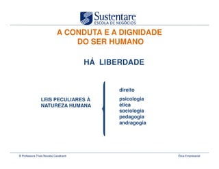 A CONDUTA E A DIGNIDADE
                                DO SER HUMANO

                                       HÁ LIBERDADE


                                              direito
                LEIS PECULIARES À             psicologia
                NATUREZA HUMANA               ética
                                              sociologia
                                              pedagogia
                                              andragogia




© Professora Thais Novaes Cavalcanti                       Ética Empresarial
 