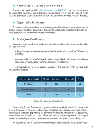 19
d.	 Material digital, online e para impressão
A seguir, você verá um vídeo (https://vimeo.com/63168162) que contextualiza tan-
to os distintos suportes, a partir dos quais estarão acessíveis o Guia do Cursista e este
Guia do Formador, quanto as formas de acesso a partir do Ambiente Virtual e-ProInfo.
e.	 Organização das turmas
As turmas serão constituídas por professores cursistas. Sugere-se, também, que as
turmas incluam membros das equipes gestoras de cada escola. Cada turma terá um for-
mador responsável pelo desenvolvimento do curso.
f.	 Avaliação e Certificação
Sugerimos que, para fins de avaliação, visando à certificação, sejam considerados
os seguintes itens:
•	 a frequência nos encontros presenciais de formação de no mínimo 75% dos en-
contros;
•	 o desempenho nas atividades realizadas: o resultado das atividades de cada cur-
sista deve ser avaliado nas diversas produções resultantes.
O sistema avaliativo se divide em dois momentos de avaliação, conforme detalhado
nos quadros a seguir.
Tabela 02 - Momentos de avaliação
Essa avaliação será feita segundo as orientações e os critérios sugeridos neste guia
e pelos formadores. Para isso, cada cursista deverá ter uma pasta de usuário no compu-
tador local e uma área de portfólio no ambiente virtual para armazenar suas produções,
dessa forma elas poderão ser comentadas e avaliadas já durante o processo da sua pro-
dução, permitindo que sejam refeitas em um processo interativo de aprendizagem.
No decorrer do curso, você precisa também estar preparado para fazer os seus regis-
 