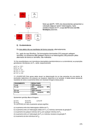 275
Note que em F1, 100% dos descendentes apresentam a
coloração rosa por serem heterozigotos. Após
autofecundação em F1, ...