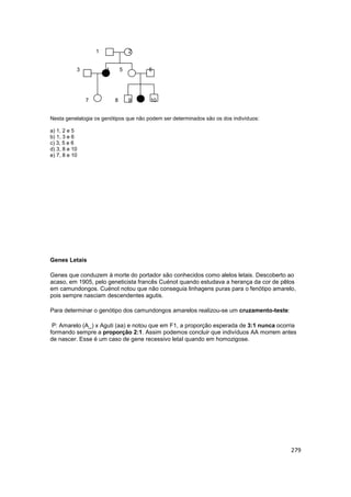 279
1 2
3 4 5 6
7 8 9 10
Nesta genelalogia os genótipos que não podem ser determinados são os dos indivíduos:
a) 1, 2 e 5
...