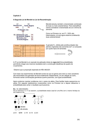 281
Capítulo 2
A Segunda Lei de Mendel ou Lei da Recombinação
Mendel estudou também a transmissão combinada
de duas ou mai...